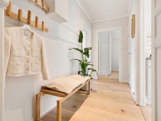 Lys entré med knagerække, bænk i træ og plante