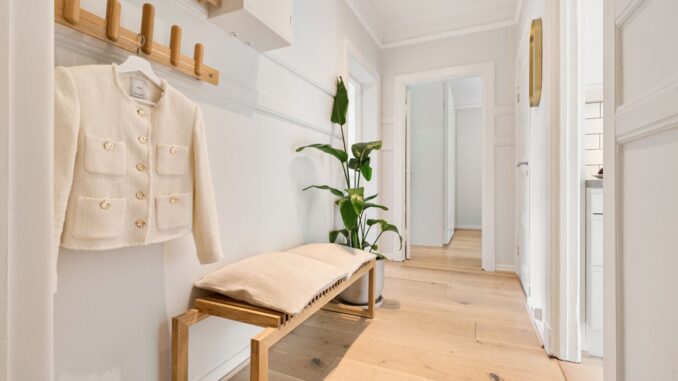 Lys entré med knagerække, bænk i træ og plante